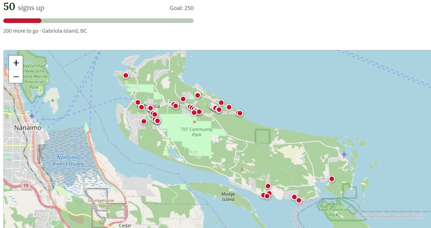 Map of Gabriola Island showing 50 Stop Genocide sign locations