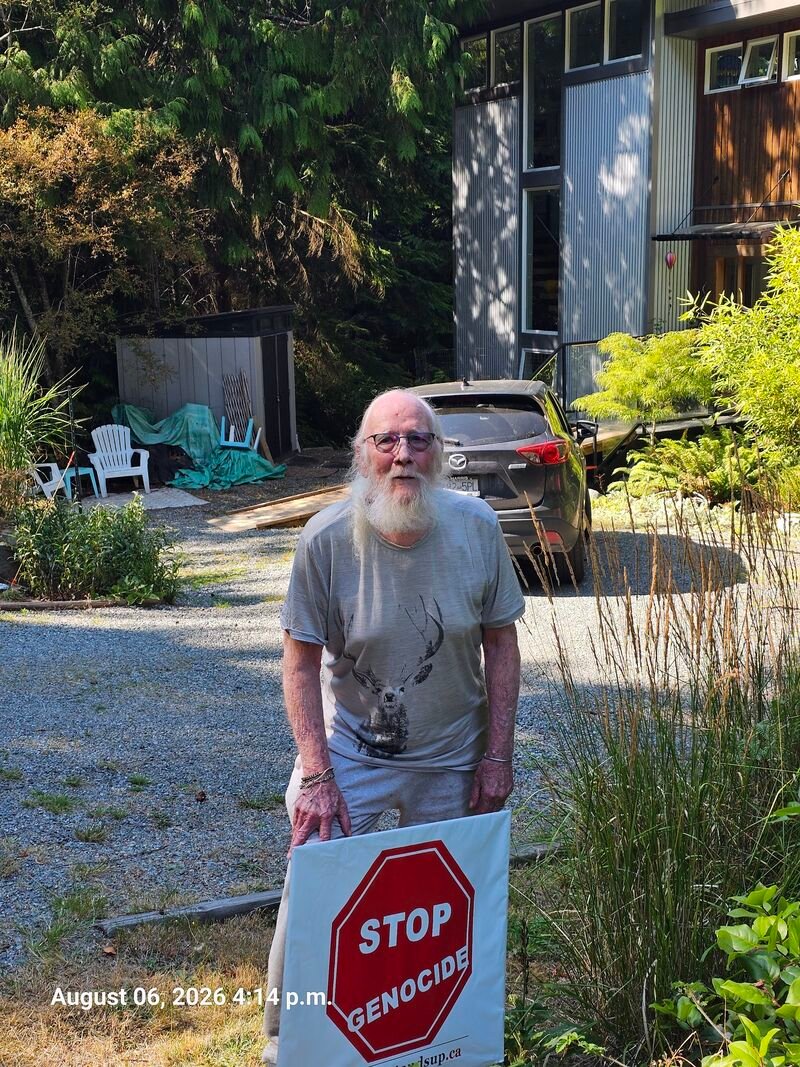 David's Stop Genocide sign on Bertha Road, Gabriola - sign #111