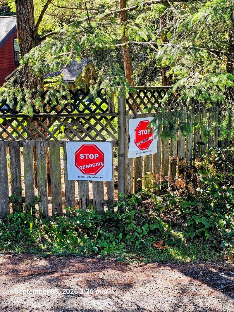 Dodge's Stop Genocide sign on North Road, Gabriola - sign #118
