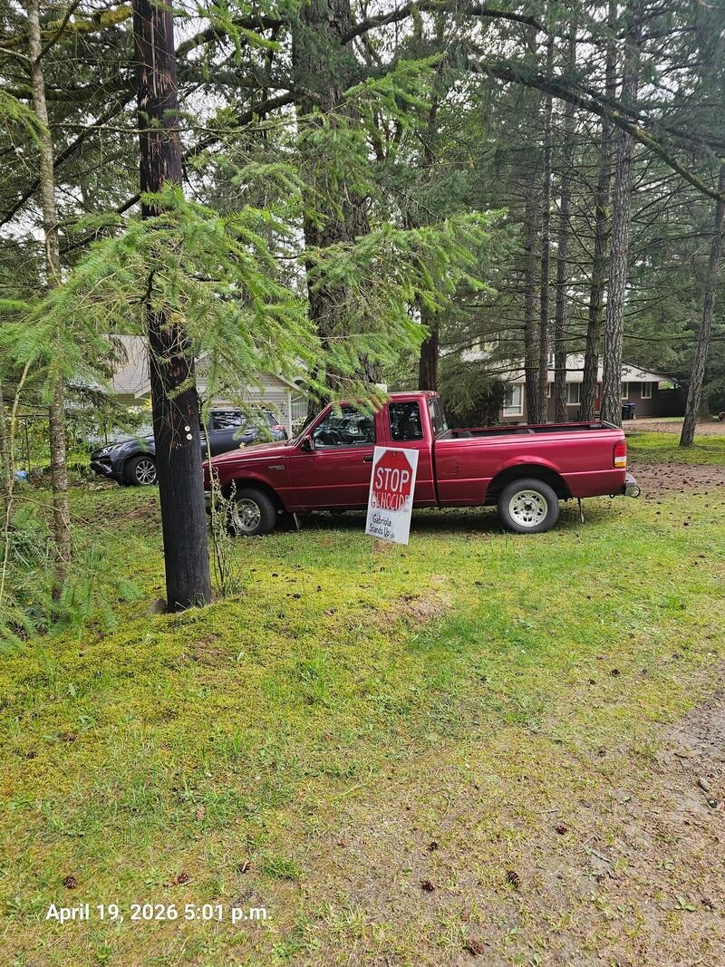 Ellen's Stop Genocide sign on South Road, Gabriola