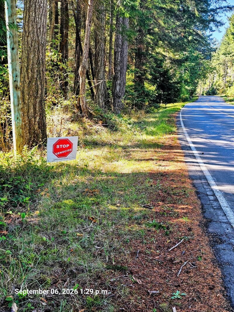 Stop Genocide sign in south Gabriola, put up by someone else - sign #120