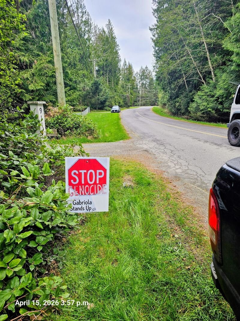 Stop Genocide sign near the police station, Gabriola