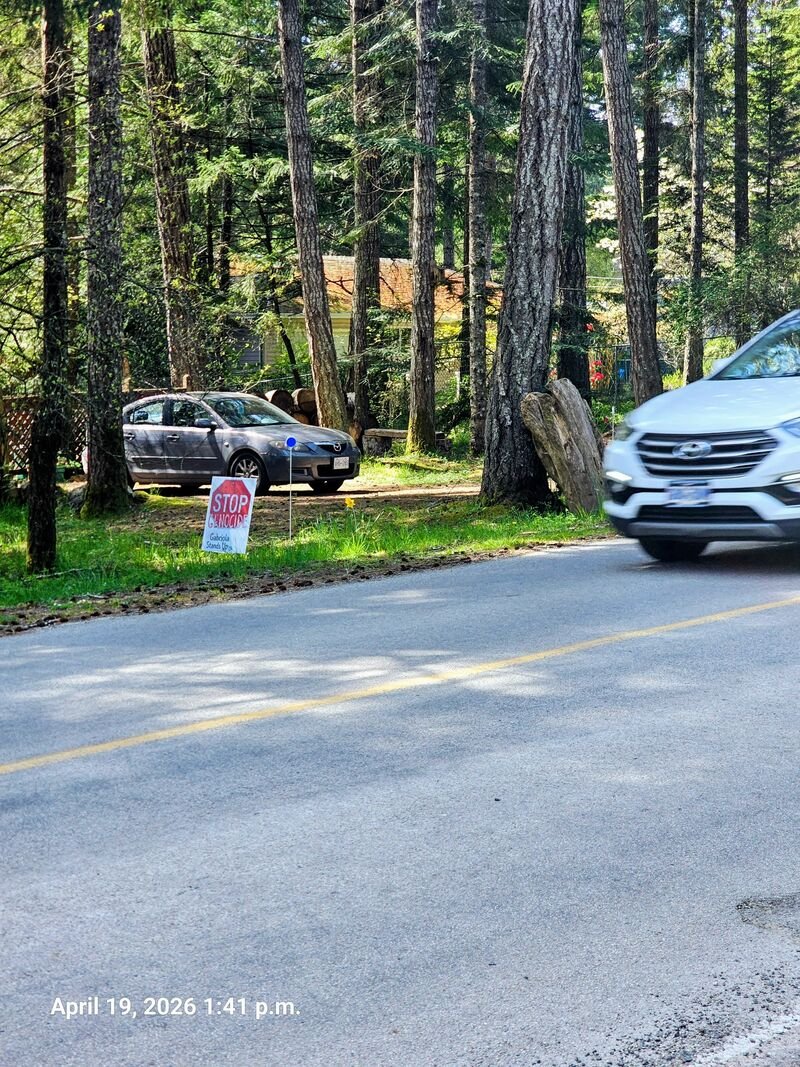 Paula's Stop Genocide sign on South Road, Gabriola