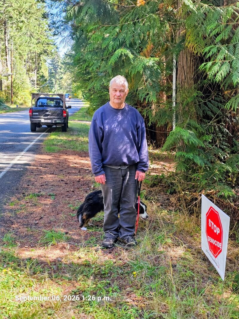 Peter's Stop Genocide sign on North Road, Gabriola - sign #119