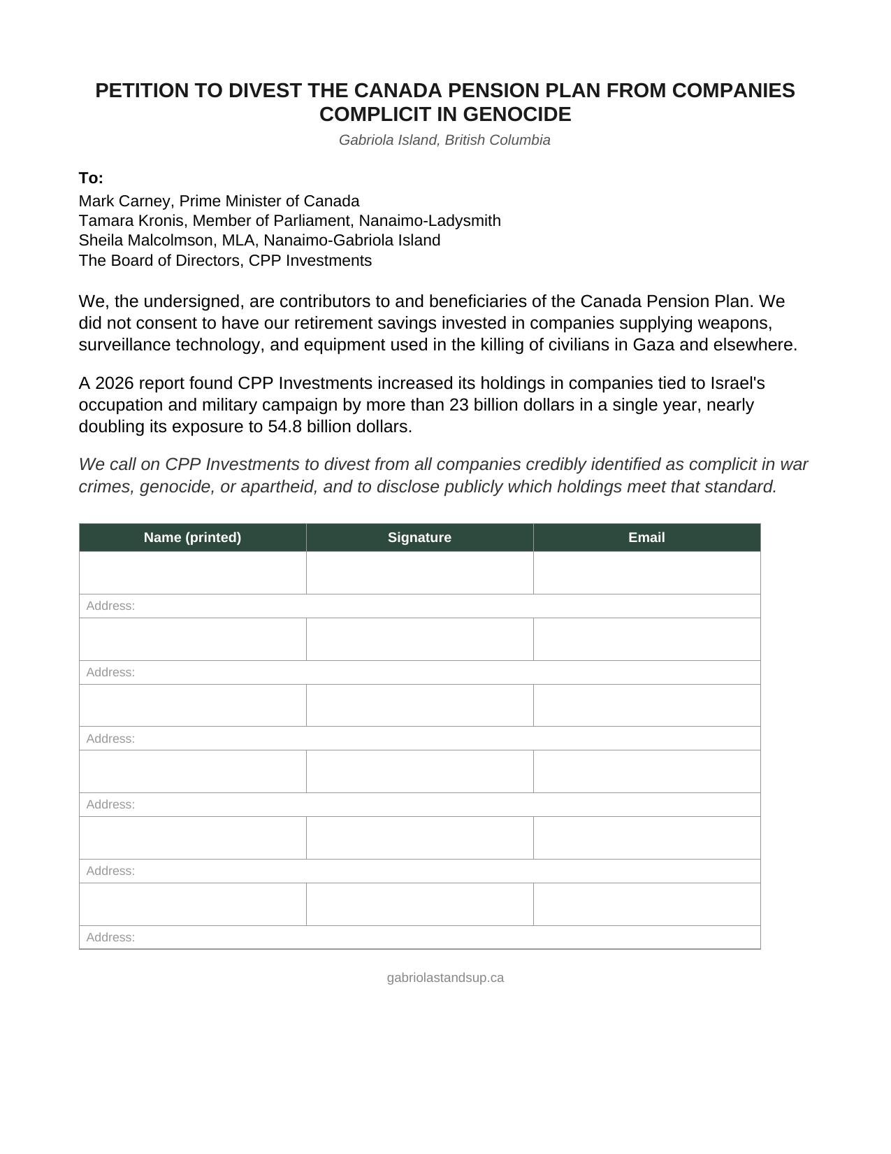 Petition to Divest the Canada Pension Plan from Companies Complicit in Genocide, printable sheet