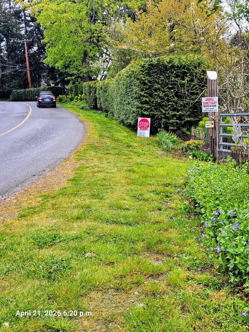 Russet's Stop Genocide sign on South Road, Gabriola