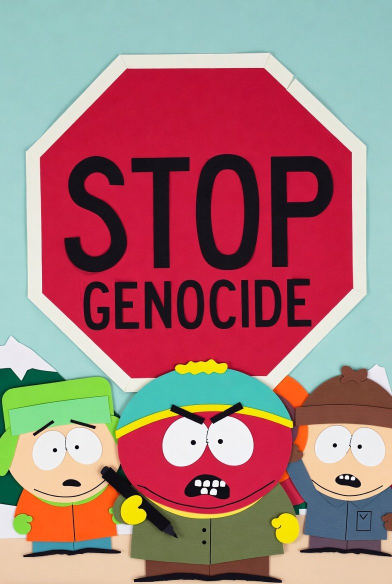 South Park characters in front of a Stop Genocide sign