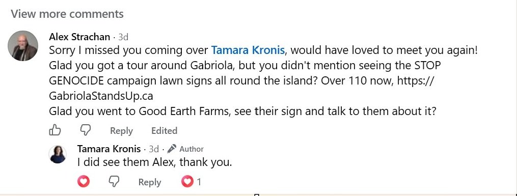 Facebook comment exchange between Alex Strachan and Tamara Kronis, MP for Gabriola Island